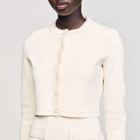 Sandro Sweaters - Sandro Paris Pearl Trim Cream Knit Cropped Cardigan Sweater